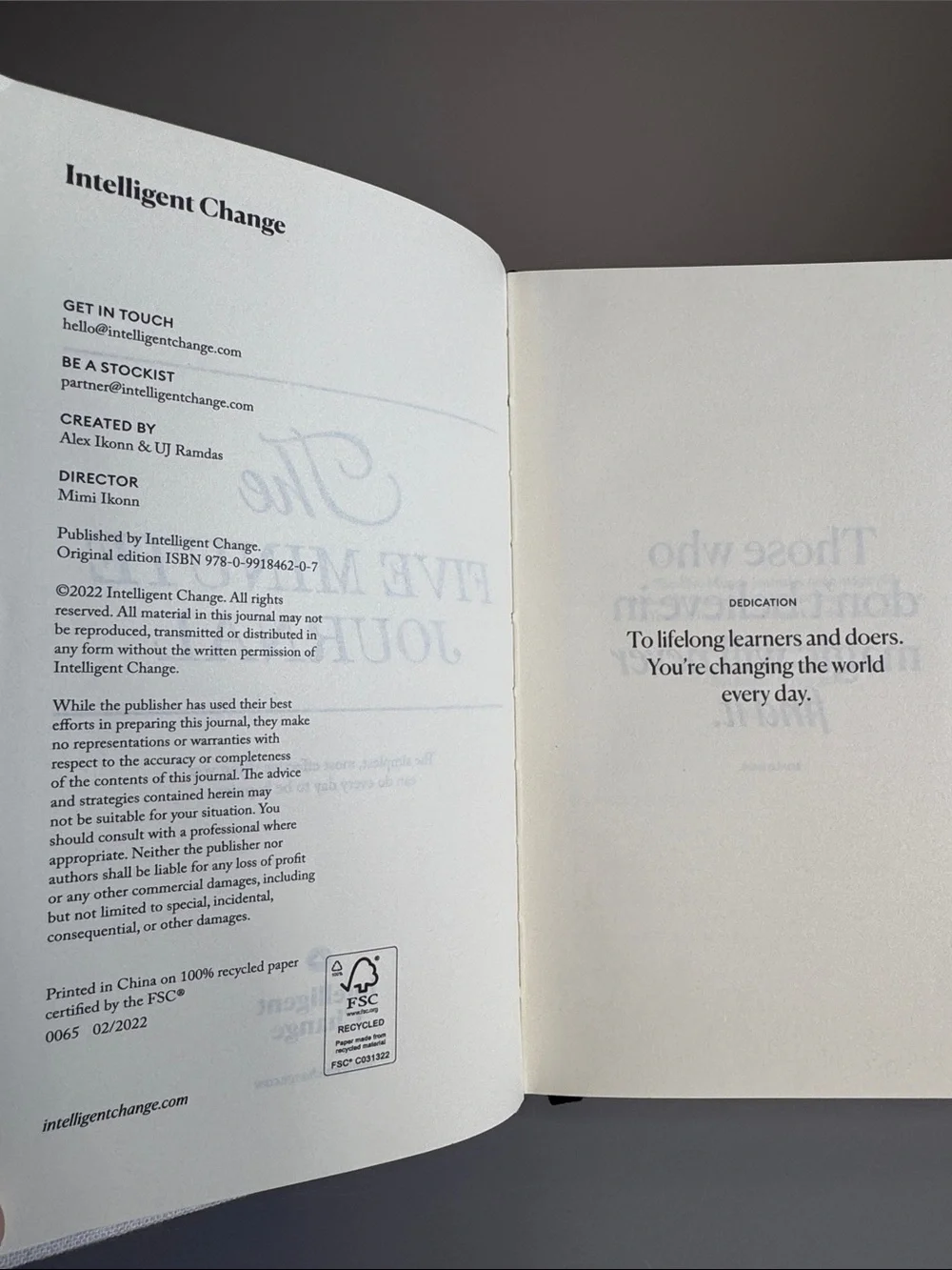 Intelligent Change FIVE MINUTE JOURNAL Daily Gratitude Reflection Hardcover